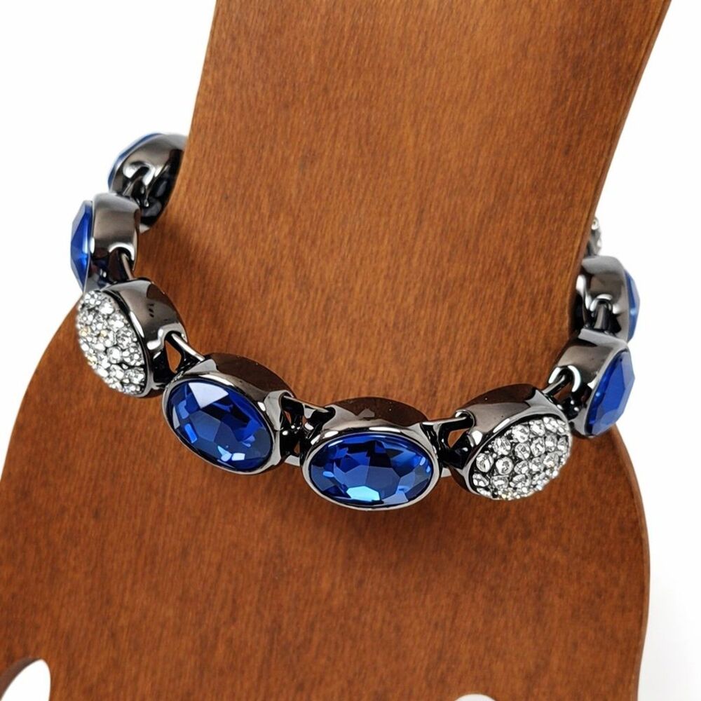Blue Glass Stones Colorless Rhinestones Gunmetal Magnetic Clasp Bracelet 8"